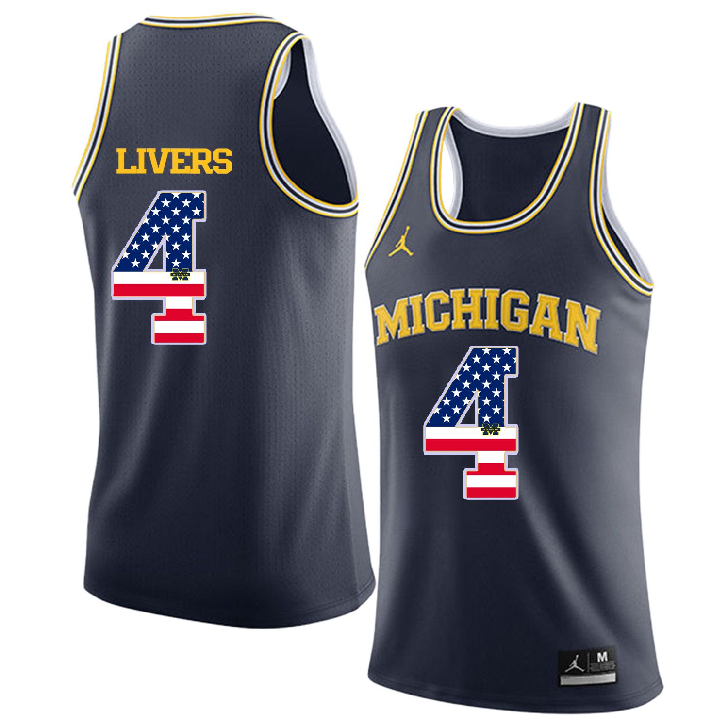 Men Jordan University of Michigan Basketball Navy #4 Livers Flag Customized NCAA Jerseys->customized ncaa jersey->Custom Jersey